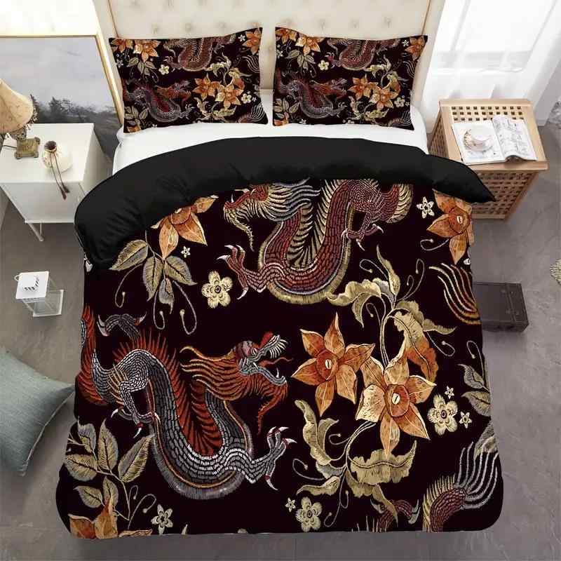 布団カバー 3点セット 中国風 龍 花柄 デジタルプリント 羽毛掛け布団カバー 北欧スタイル 化学繊維 快..