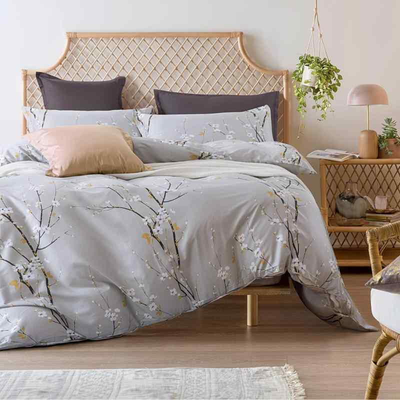 布団カバーセット グレー 梅の花柄 3点セット ポリエステル ピーチスキン加工 肌触り良い 活性染め 色..