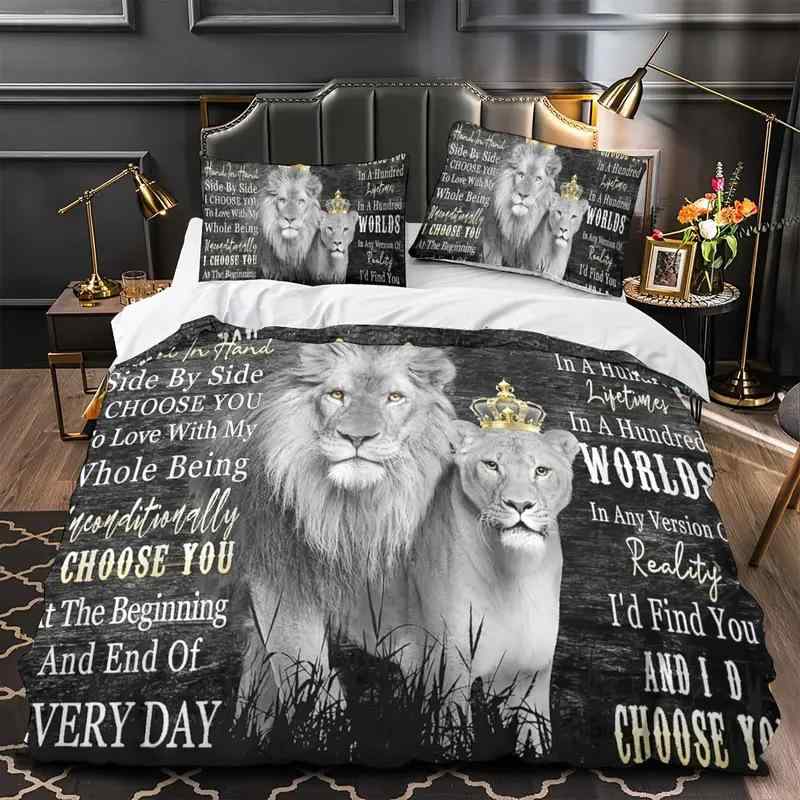 寝具セット ライオンと女王 布団カバー 3点セット カップル 新婚 結婚祝い ポリエステル デジタルプリ..