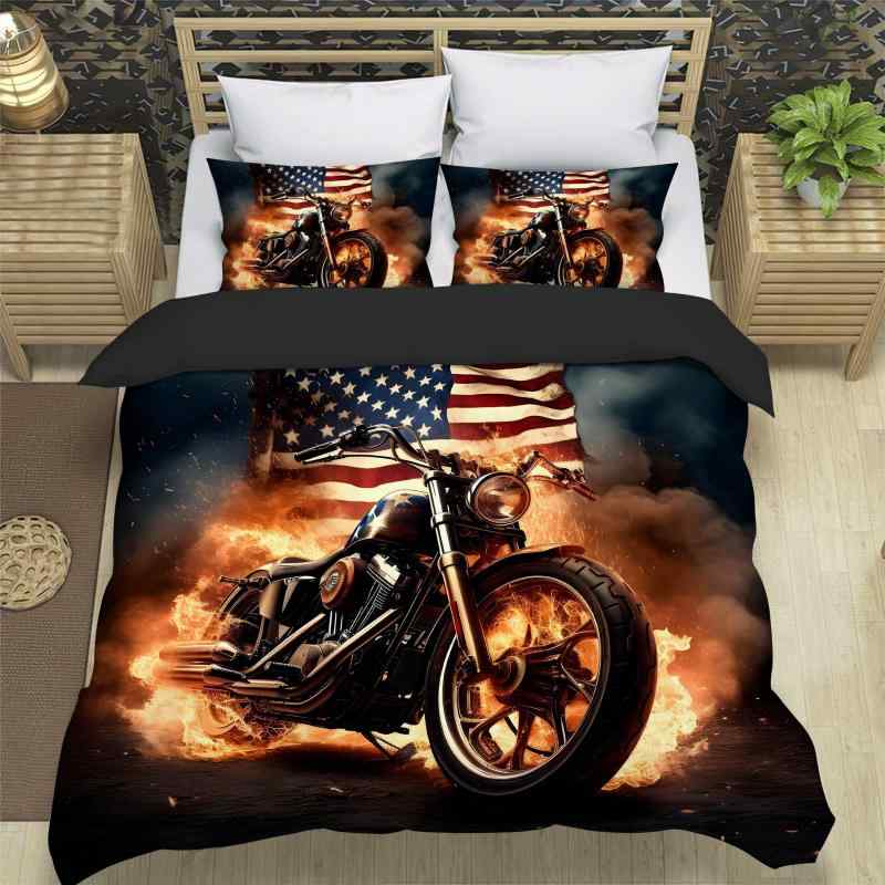 寝具 布団カバー 3点セット レトロ 炎 オートバイ アメリカ国旗 デジタルプリント 高精細印刷 ポリエス..