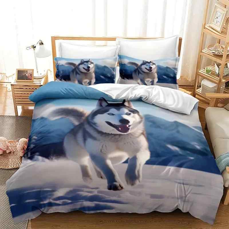 布団カバー ハスキー 犬 アニマル柄 かわいい デジタルプリント 寝具カバーセット 3点セット ポリエス..