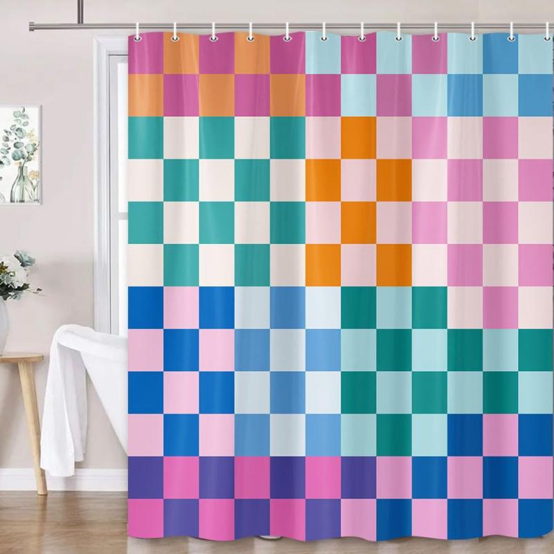 シャワーカーテン カラフル レトロ 70年代風 おしゃれ チェック柄 チェッカーボード柄 かわいい シンプル バスルーム 浴室 ポリエステル インテリア 模様替え
