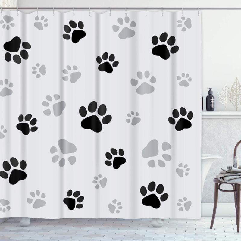 シャワーカーテン カラフル 足跡柄 動物柄 猫柄 黒猫 灰色猫 防水 ポリエステル製 防カビ加工 バスルー..
