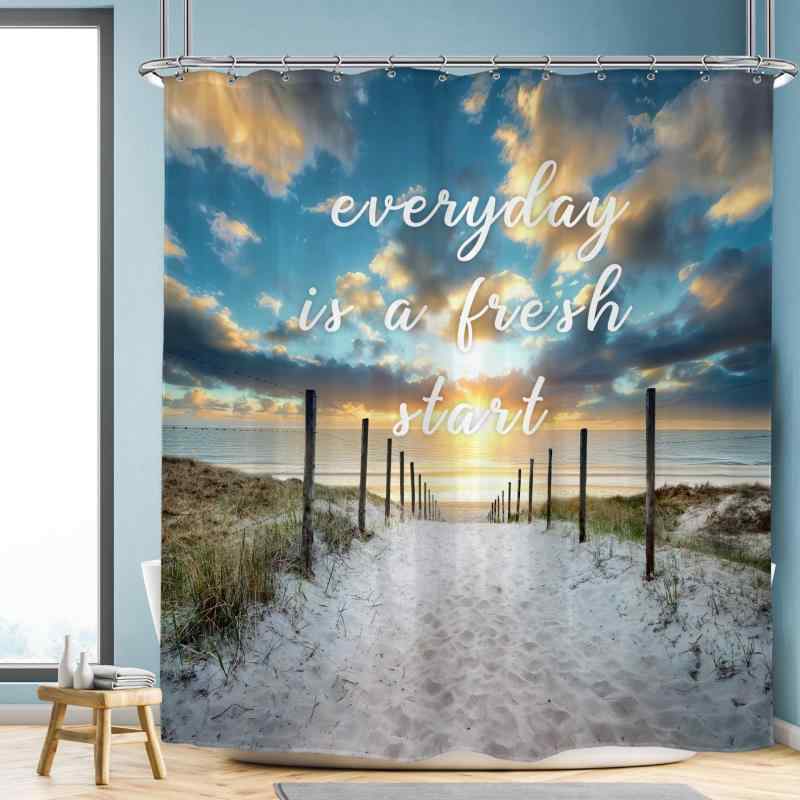 シャワーカーテン ハワイアン ビーチ リゾート 風景 サン サンライズ 青空 デコレーション フック付き ポリエステル バスルーム 防水 防カビ
