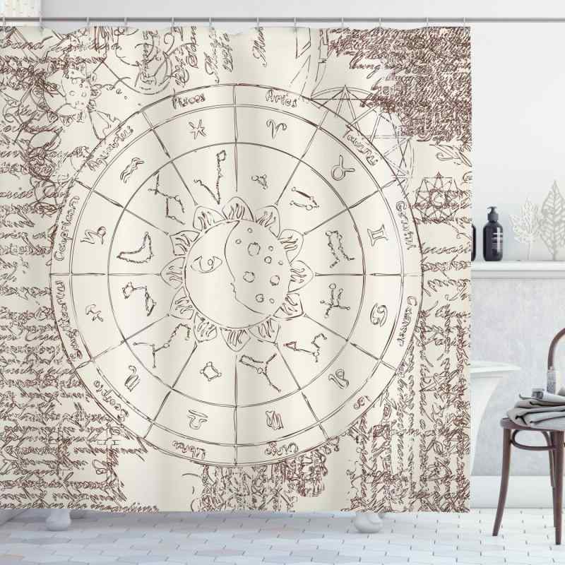 シャワーカーテン 浴室用 月と太陽 十二支 干支 星座柄 星空デザイン ポリエステル製 モダン シンプル バスルーム インテリア 装飾 フック付き