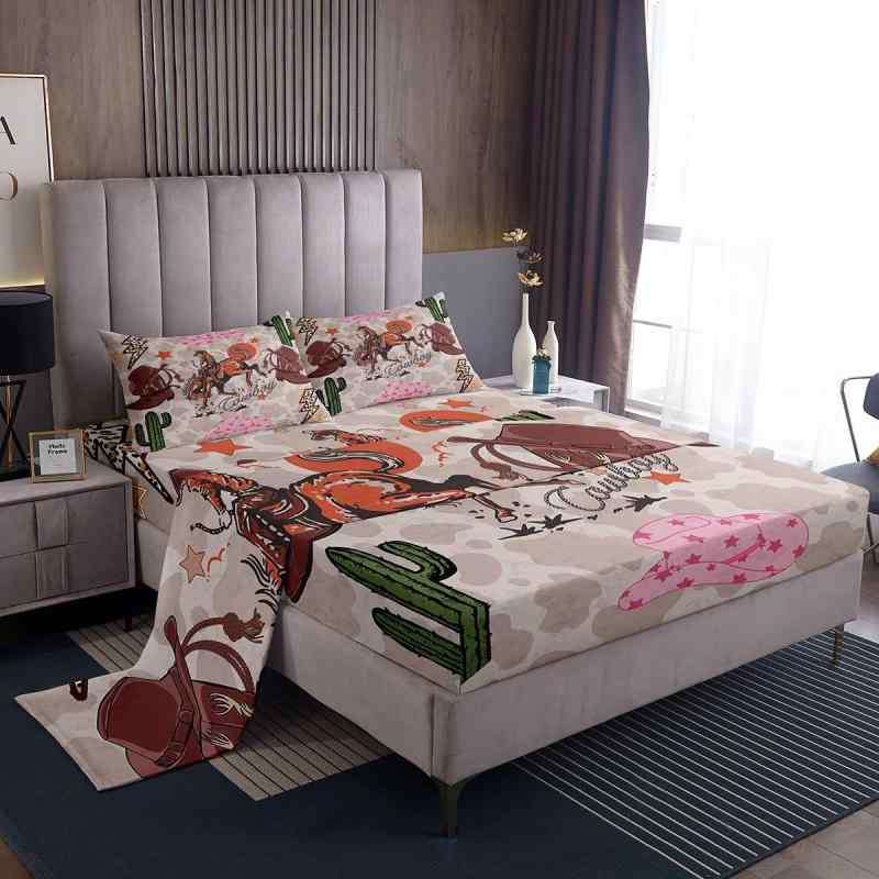 寝具カバーセット ウエスタンカウボーイ柄 マイクロファイバー ボックスシーツ 4点セット 寝室 寮用 デ..