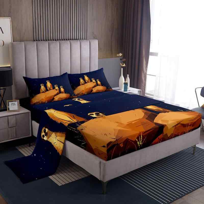 ボックスシーツ ブラウン マングース アニマル柄 デジタルプリント マイクロファイバー 4点セット 寝具..