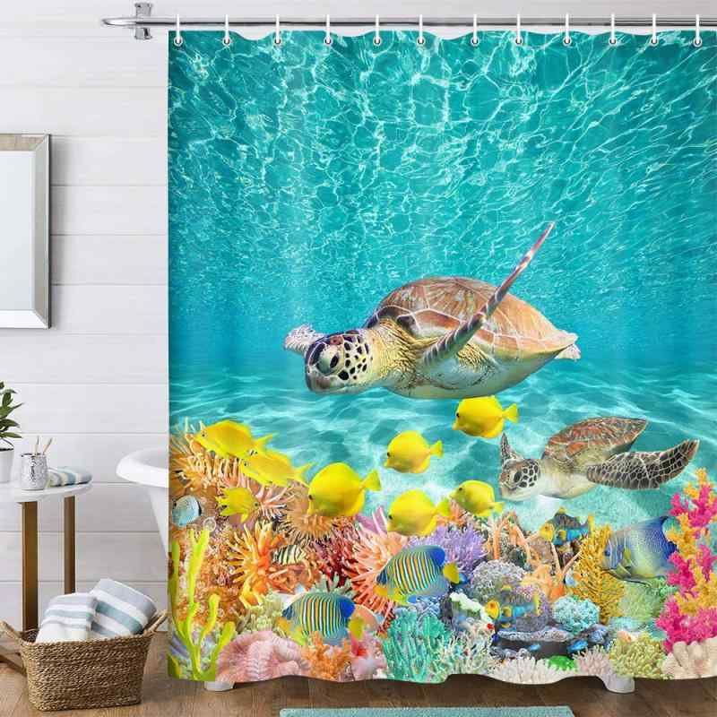 シャワーカーテン 海洋 水中 海底 ウミガメ 魚 サンゴ礁 海洋生物 ビーチ風 デザイン ポリエステル 防水 速乾 バスルーム お風呂