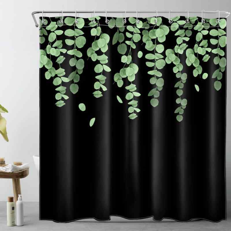 シャワーカーテン グリーン ブラック 水彩 ユーカリ リーフ柄 ボタニカル 植物柄 シンプル モダン 北欧風 おしゃれ ポリエステル 撥水加工 防カビ 浴室用 フック付き