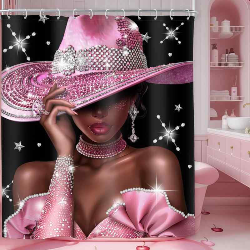 シャワーカーテン レディース アフリカ系アメリカ人女性 ピンク トップハット柄 ポリエステル 防水 は..