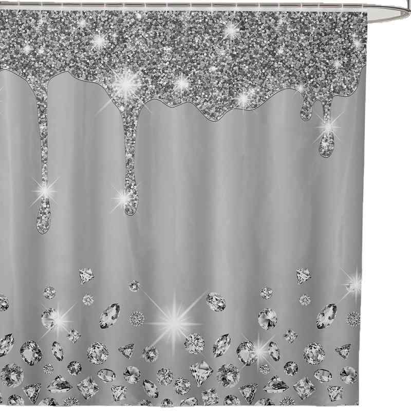 シャワーカーテン シルバー グレー グリッタープリント 光沢 防水 ポリエステル製 おしゃれ モダン シンプルデザイン 浴室 インテリア セット フック付属 目...