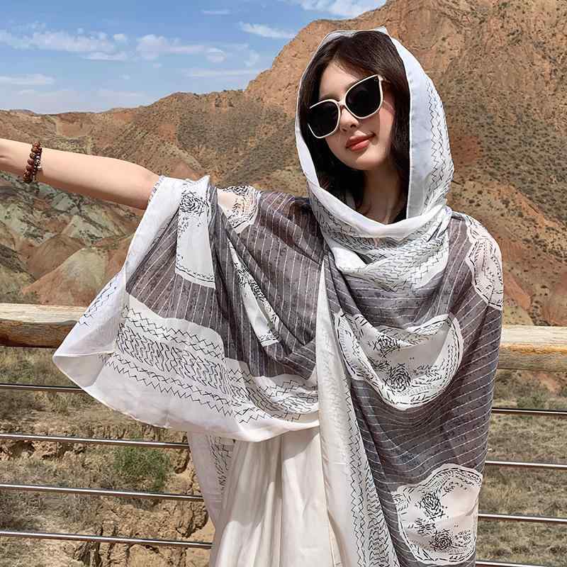 ショール レディース 大判 ストール スカル柄 シフォン 薄手 日焼け対策 UVカット 旅行 リゾート エス..