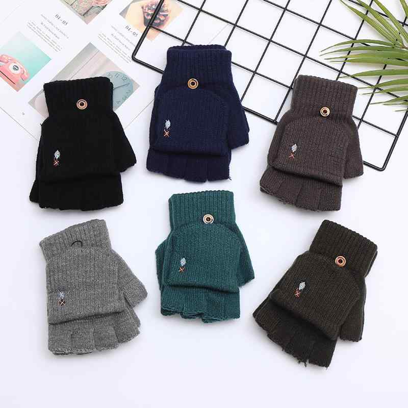 手袋 男性用 秋冬 ジャガード編み 指なし グローブ フリップトップ フェイクカシミヤ ニット 防寒 保温 ミトン ハーフフィンガー おしゃれ ショート丈 レトロ ファッション(4)