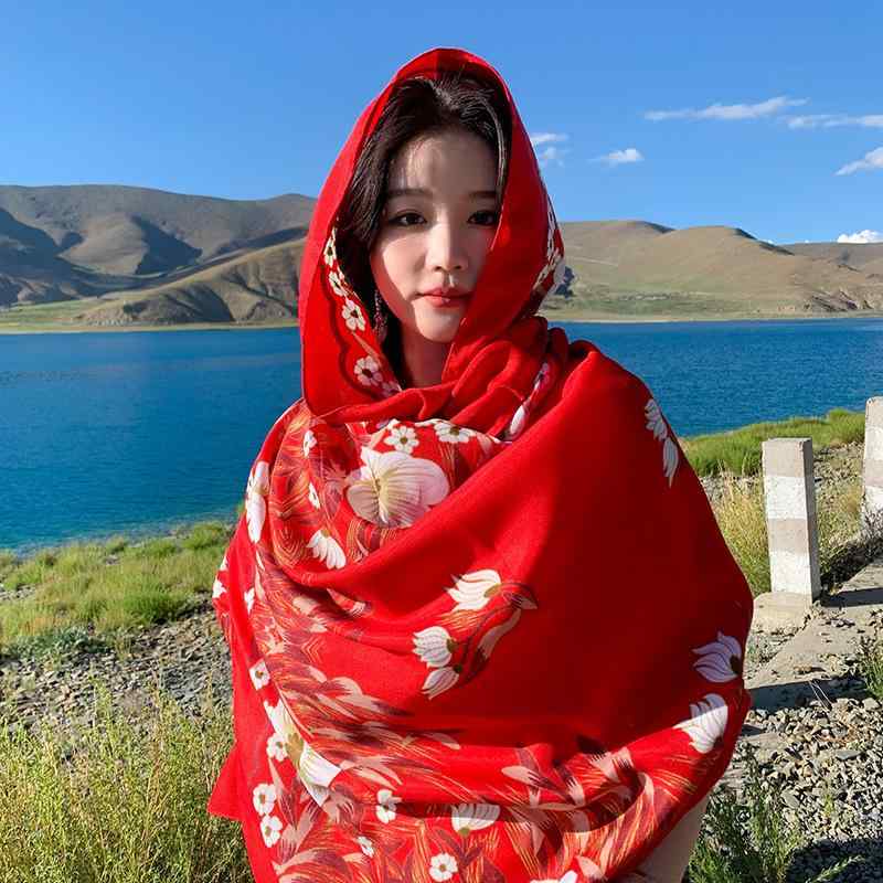 ストール レディース 女性用 民族風 ショール レッド 花柄 薄手 大判 アクリル素材 個性的 マルチユー..