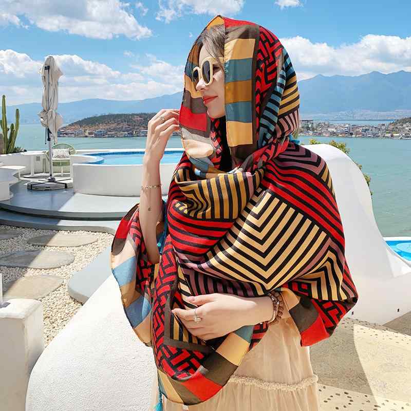 ストール レディース 大判 スカーフ ショール ロング UVカット 日よけ対策 旅行 ビーチ リゾート 普段使い エスニック レトロ カラフル ボーダー柄 プリント ファッション