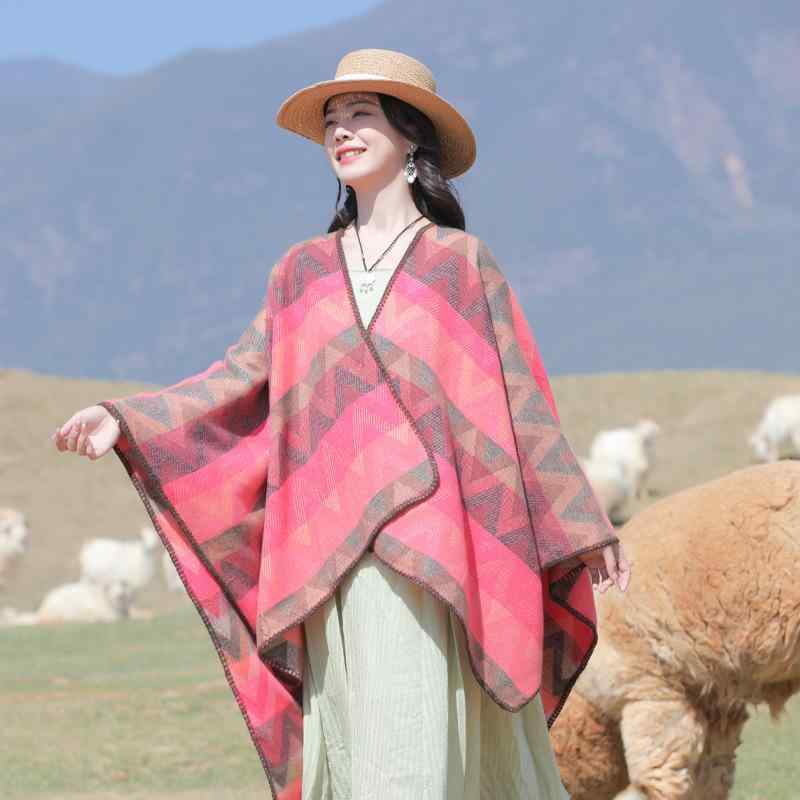 ショール レディース カラフル ウェーブ柄 スリット入り ポンチョ ストール エスニック レトロ フェイクカシミヤ 春秋冬 あったか 防寒 羽織り 旅行 アウトドア