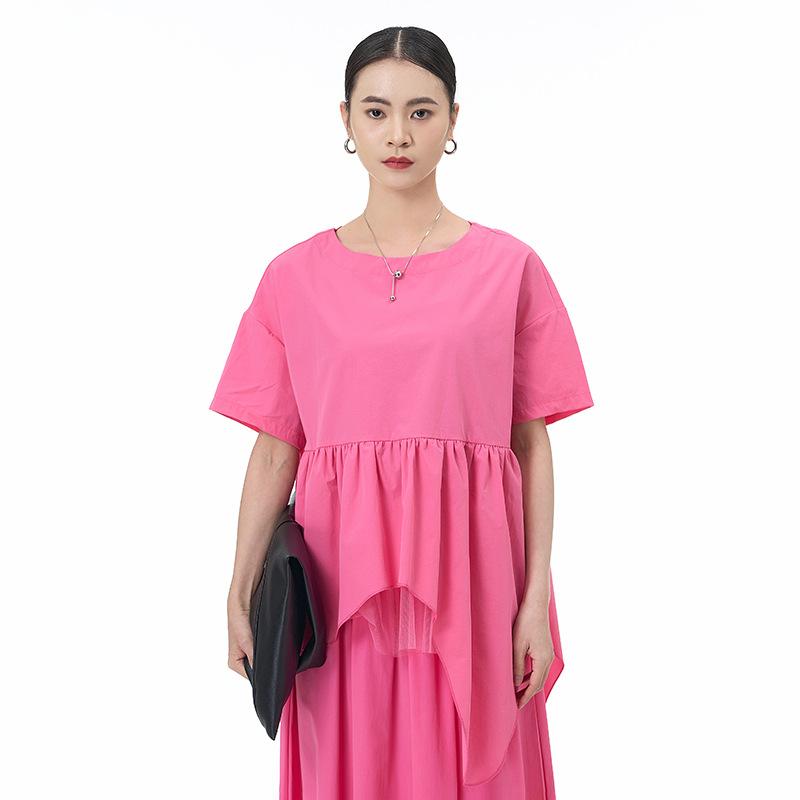 トップス レディース 切り替えデザイン 速乾 半袖 シャツ ルーズフィット クルーネック 無地 ポリエステル ピンク系 夏 カジュアル 体型カバー 韓国風