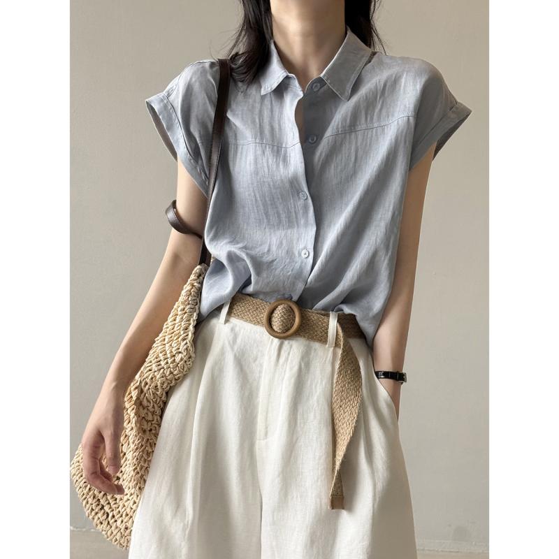 シャツ ブラウス レディース 韓国風 リネン 麻 フリル袖 フレアスリーブ 半袖 無地 ゆったり 体型カバー 細見え おしゃれ きれいめ カジュアル トップス 春夏 白 緑 黄 青
