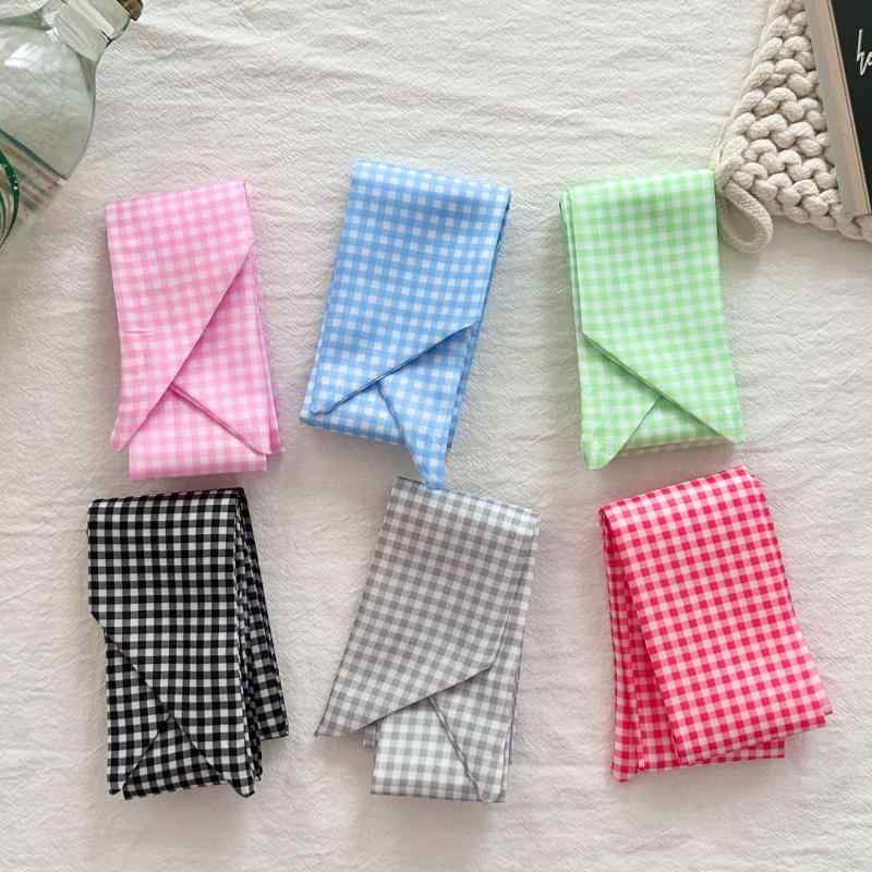スカーフ 春夏 韓国風 チェック柄 ポリエステル ツイリー 細長 薄手 多用途 ヘアアレンジ バッグチャー..