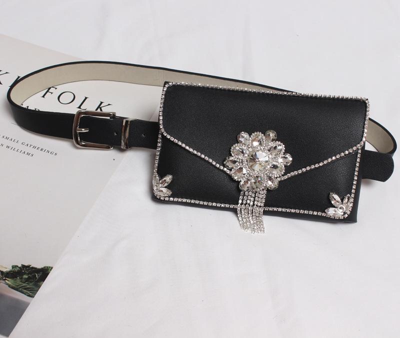 ウエストポーチ ウエストバッグ ヒップバッグ 2WAY ウエストベルト ボックス型 PUレザー 合成皮革 ラインストーン ビジュー きらきら 高級感 普段使い カジュアル ブラック