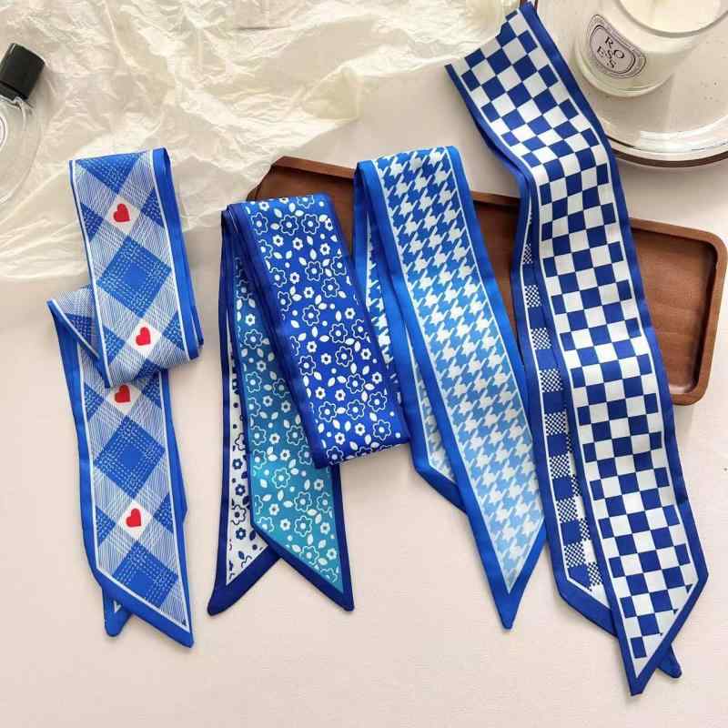 スカーフ レディース クラインブルー 千鳥格子 チェック 花柄 ハート ポリエステル 高級感 フレンチスタイル リボンスカーフ 襟元飾り ヘアアクセサリー バッグチャーム 春夏(x2)