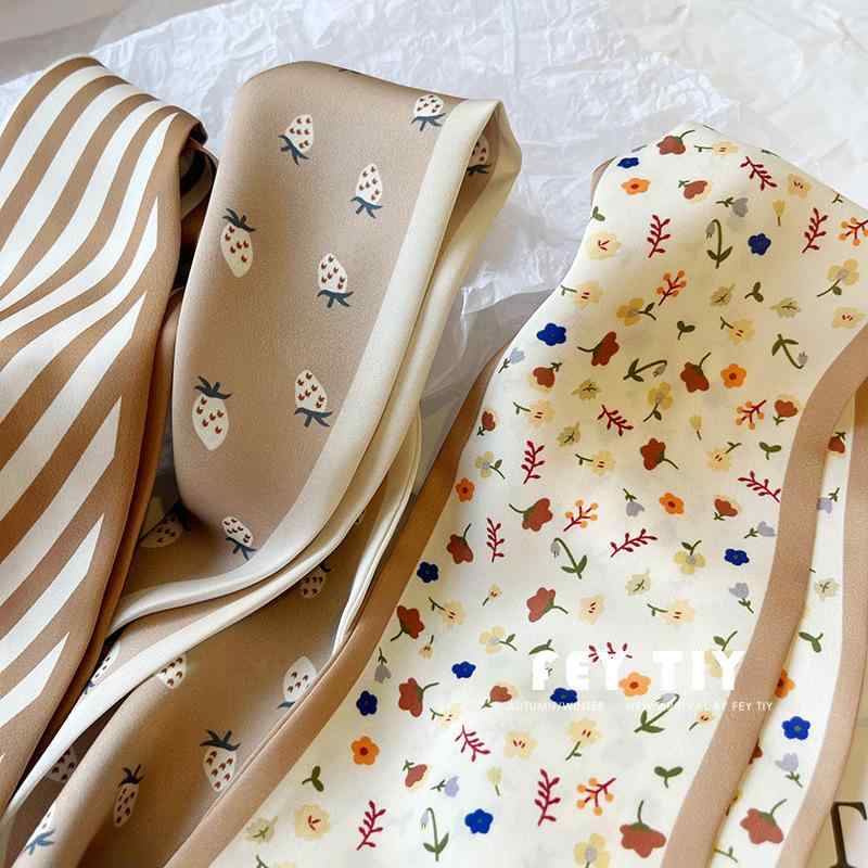 スカーフ 韓国風 上品 シンプル ポリエステル 春 首元 ネッカチーフ ヘアアクセサリー バッグチャーム リボン 細長 カーキ系 幾何学模様 小花柄 ハート柄 ストライプ ドット柄(x2)