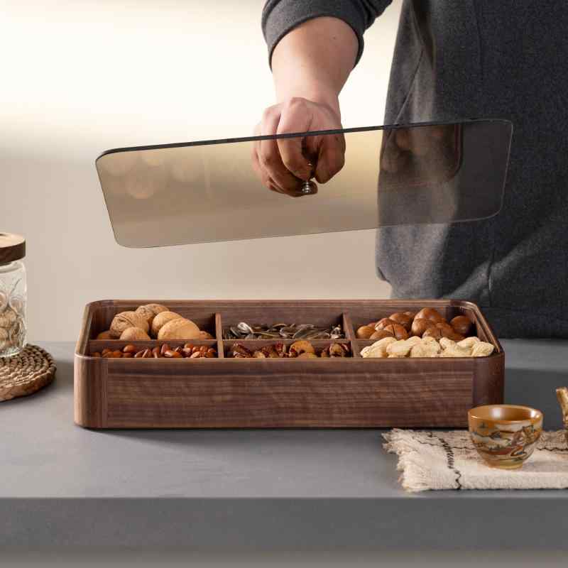 木製仕切りケース ウォールナット材 蓋付き 6マス 多段式 中国風 家庭用 リビング 来客 おもてなし フ..