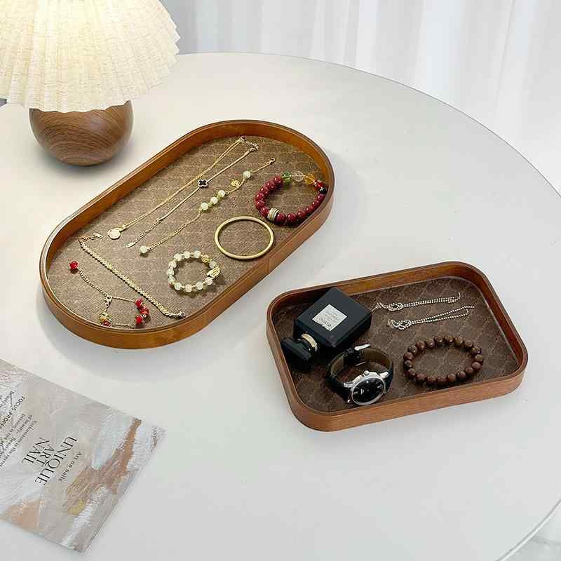 トレイ 木製 ウォールナット ブラウン レトロ 中華風 海棠文様 楕円形 長方形 アクセサリー収納 ジュエ..