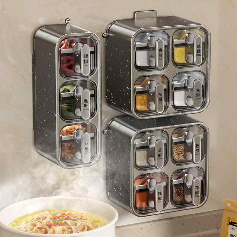 キッチン 調味料入れ セット スパイスラック 家庭用 密閉 保存容器 壁掛け 吸盤タイプ プラスチック製 ..