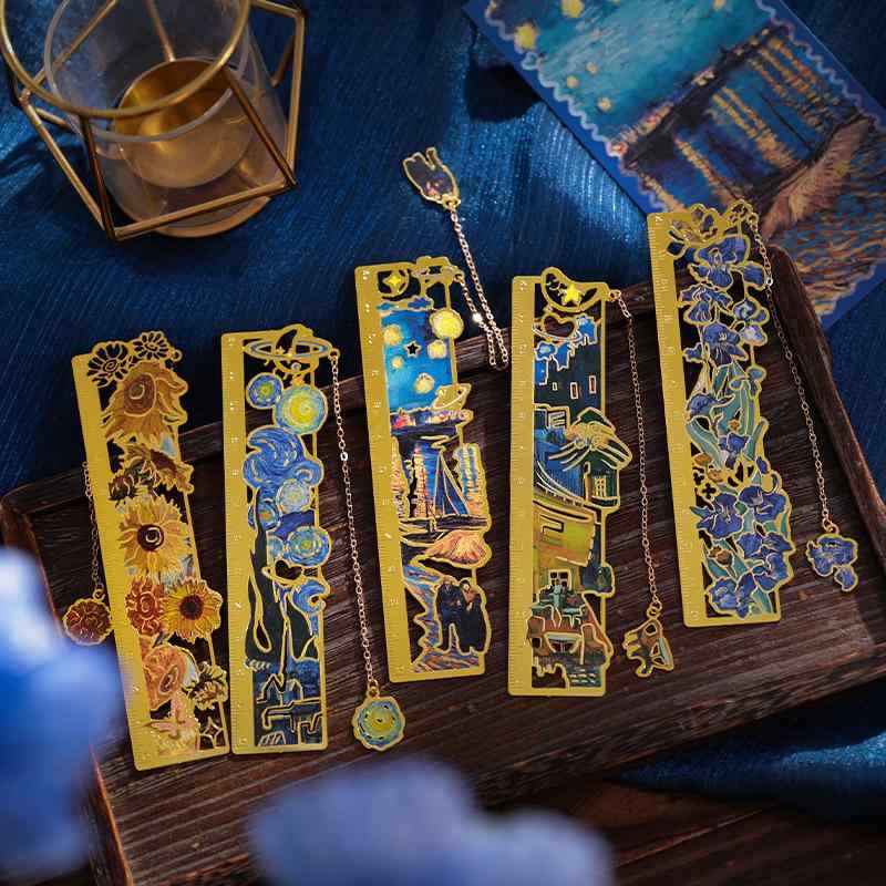 しおり 金属製 ゴッホ モネ 印象派名画 透かし彫り 花柄 彫刻デザイン おしゃれ 定規付き 読書グッズ 勉強 デスクワーク オフィス用品 ギフト 贈り物 記念...