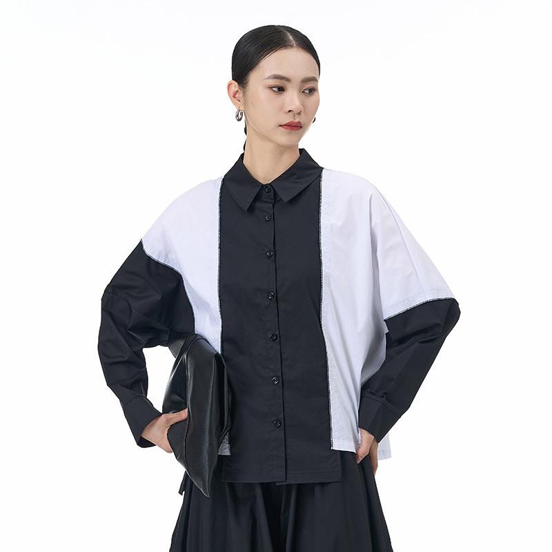 シャツ レディース プラスサイズ 半袖 綿100% 春夏 ゆったり ルーズフィット カジュアル オリジナルデザイン 襟付き ボタンシャツ 配色切り替え ホワイト ブラック レギュラー丈