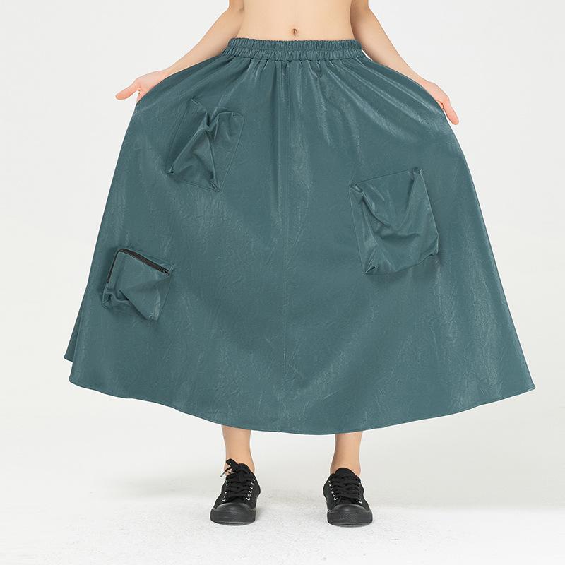 スカート レディース 大きいサイズ Aライン レトロ 湖水色 ブルー 無地 PUレザー フェイクレザー 立体ポケット 着痩せ エレガント 体型カバー ストリート カジュアル 普段使い