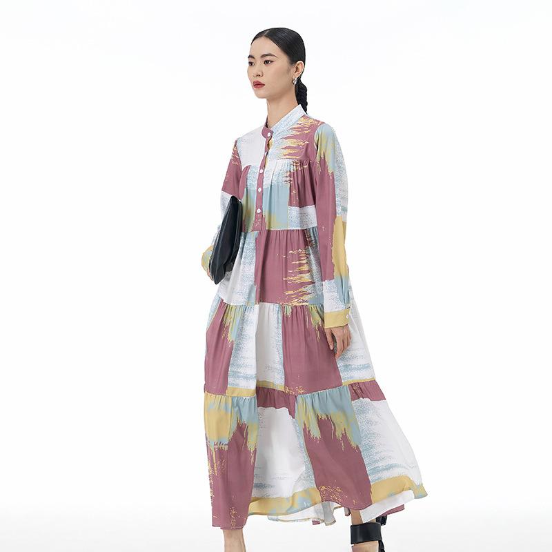 ワンピース レディース 春夏 ボヘミアン ロングスリーブ ティアード ロング丈 ゆったり 大きいサイズ 体型カバー 着痩せ効果 ポリエス..