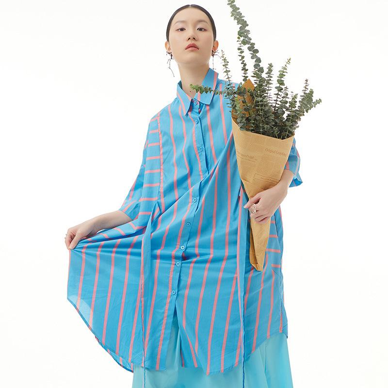 ワンピース レディース 春夏 欧米風 カジュアル ストリート ゆったり 体型カバー 着痩せ ストライプ カラフル ウエストリボン 襟付き ロング丈 五分袖 コットン 綿 フレア Aライン イエロー エメラルドグリーン 普段使い デイリー