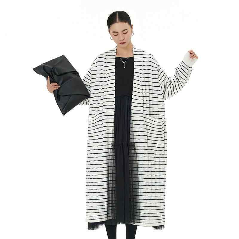 カーディガン レディース 女性用 韓国風 エレガント ストライプ ボーダー ロング丈 ゆったり ビッグシルエット 体型カバー ポリエステル ニット セーター 春夏 カジュアル 羽織り
