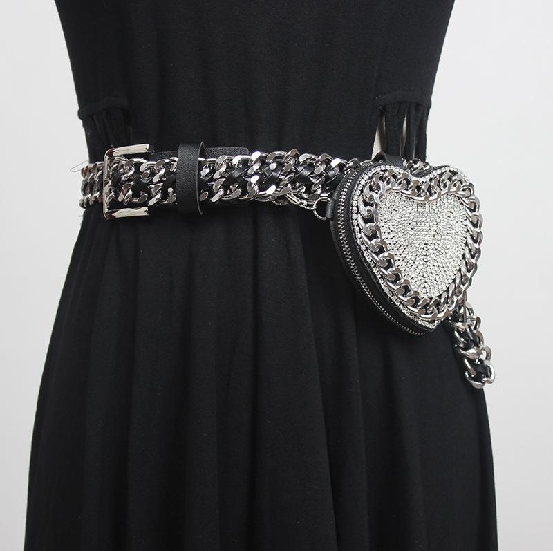 ベルト ウエストバッグ レディース ハート型 ミニ フェイクレザー ラインストーン チェーン ボディバッ..