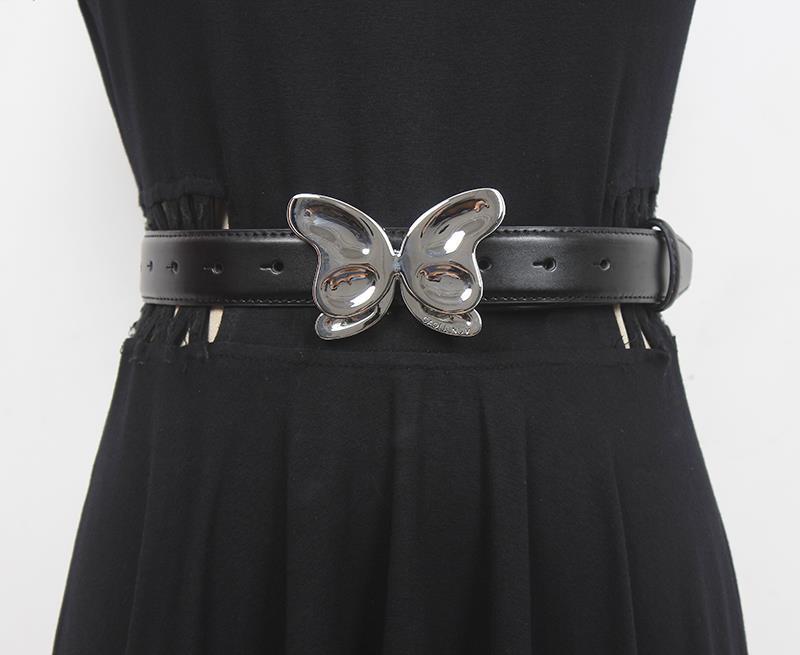 ベルト レディース ブラック 本革 蝶々モチーフ シルバーメタルピンバックル ウエストマーク ワンピース ドレス カジュアル 春夏