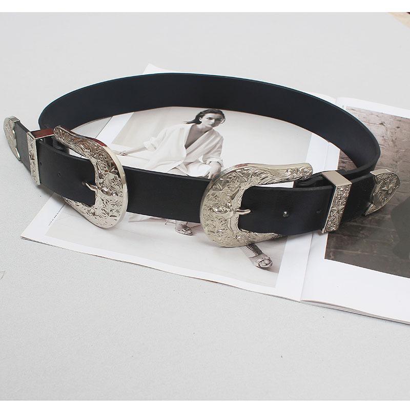 ベルト レディース レトロ 彫刻 ダブルバックル 幅広 ウエストマーク PUレザー ブラック カジュアル ストリートファッション 普段使い お出かけ スタイルアップ スカート ワンピース アウター トレンド