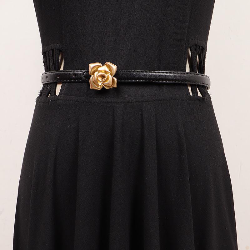 ベルト レディース レトロ ゴールド ローズ バラ 花柄 飾り 細ベルト PUレザー 合成皮革 ウエストマー..