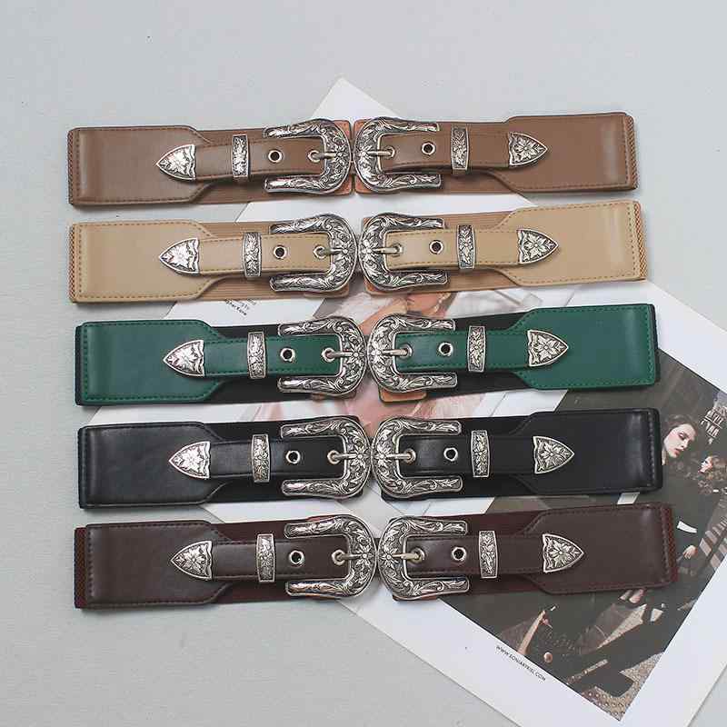 ベルト レディース ワイドベルト ダブルバックル PUレザー 伸縮性 ウエストマーク 飾りベルト ブラック..