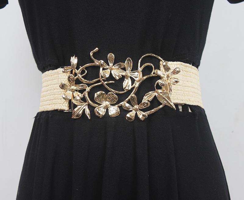 ウエストベルト レディース フラワーモチーフ 伸縮性 幅広 リネン布素材 ブラック アプリコット カーキ..