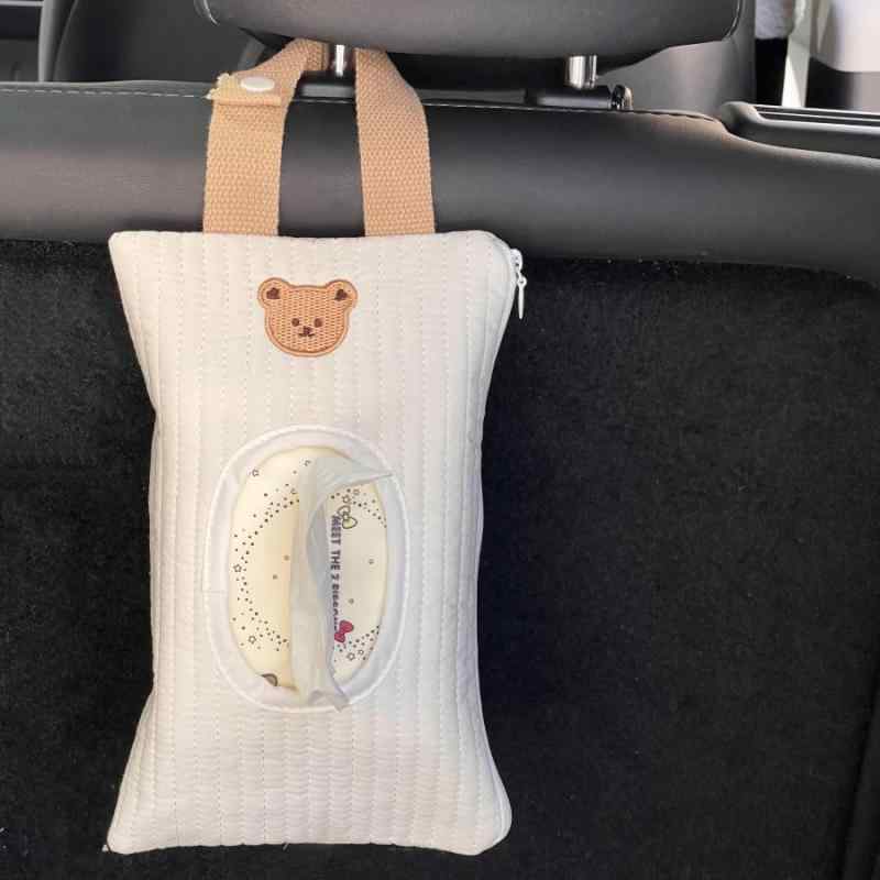 ティッシュケース 車用 かわいい クマ インスタ風 キャラクター コットン製 吊り下げ式 シートバック ..