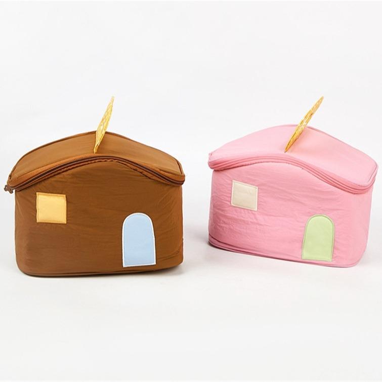 化粧ポーチ 韓国風 ハウス型 ミルクボックス型 大容量 多機能 持ち運び便利 ファスナー付き トラベル 小物入れ 洗面用具入れ コットン素材 かわいい おしゃれ ピンク ブラウン ツートン