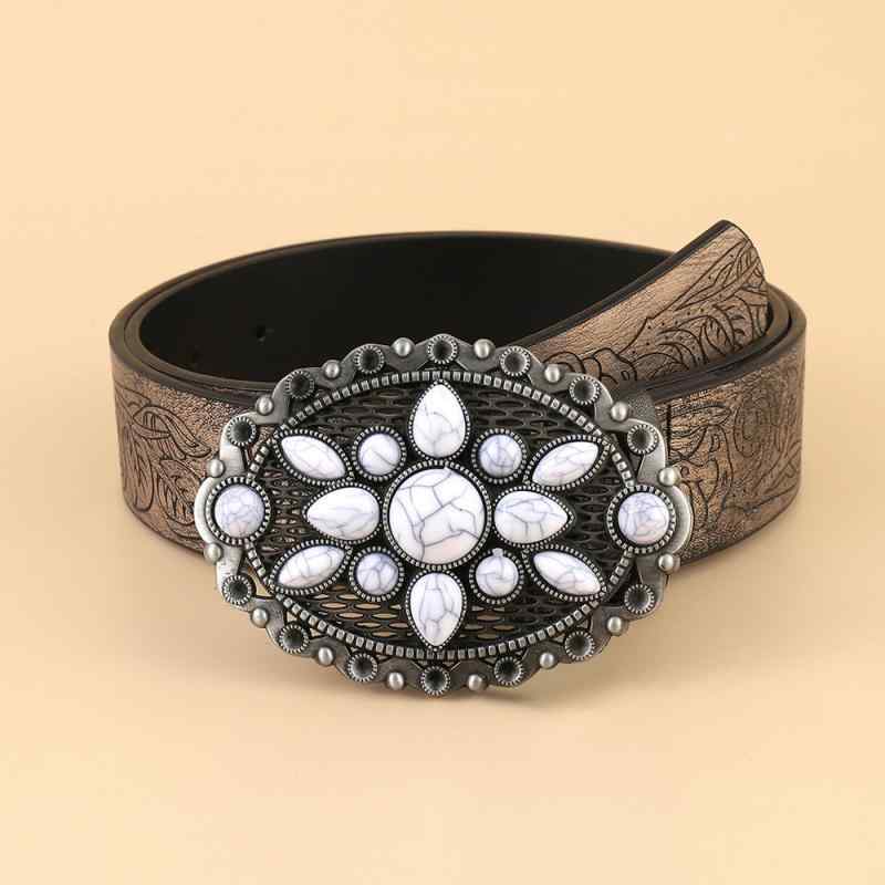 ベルト レトロエスニック 個性的デザイン 太め フェイクレザー 型押し ホワイトストーン 合金バックル ファッション小物 普段使い カジュアル エレガント