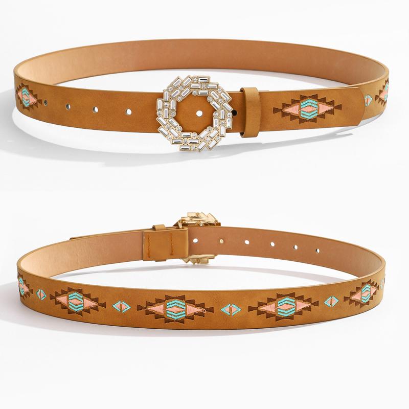 ベルト レディース レトロ 個性的 民族風 ファッション 刺繡 ラインストーン 丸型バックル PUレザー 合..