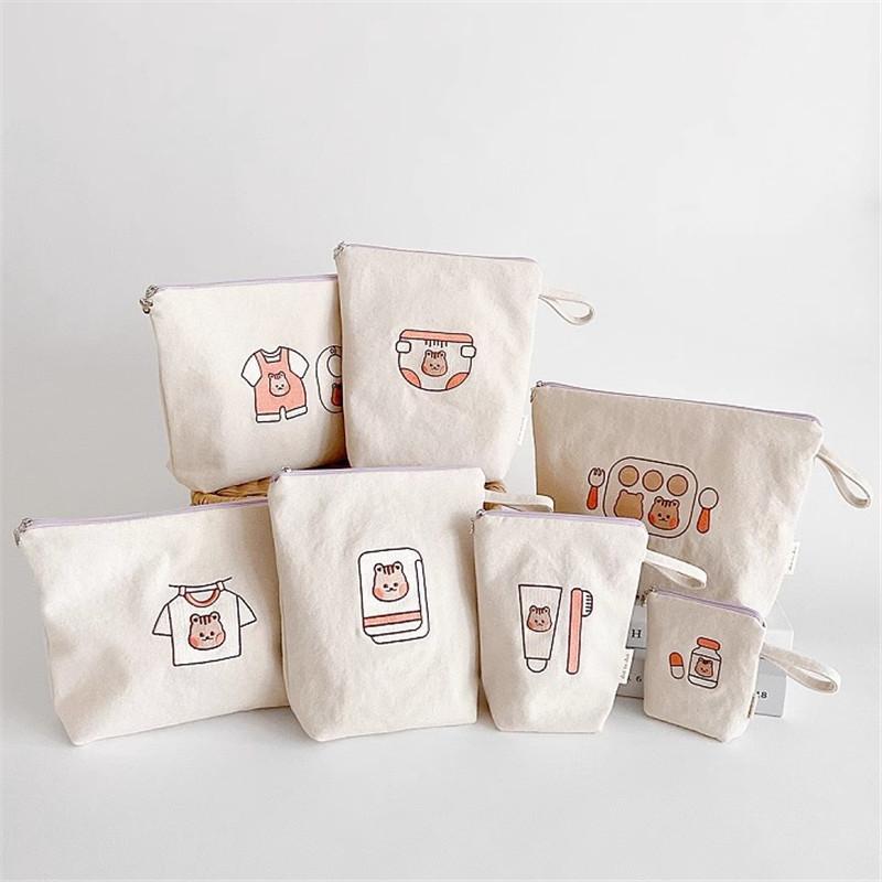 収納袋 キッズ 幼稚園準備 7点セット クマ リス柄 防水 トラベルポーチ 多機能 旅行用 小物入れ コスメポーチ 日用品整理 キャンバス キューブ型