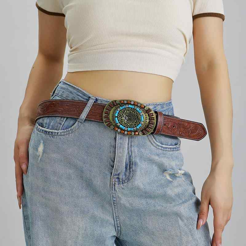 ベルト レディース PUレザー 木製ビーズ レトロ 民族調 エスニック おしゃれ 個性的 万能 幅広 合金バックル コーヒーブラウン フチ取り デザイン(x2)