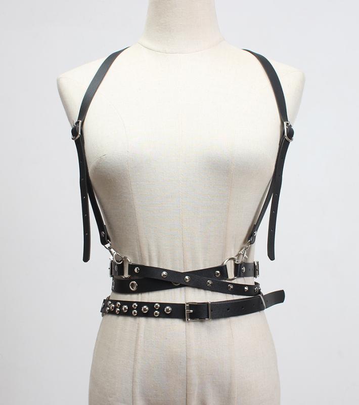 ベスト レディース ハーネスベルト サスペンダー ウエストマーク コルセット パンク ロック ゴシック 個性的 DJ ステージ衣装 ファッション PUレザー ブラック