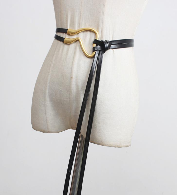 ベルト レディース 本革 牛革 細ベルト ウエストマーク ダークブルー ネイビー 結びデザイン 装飾 きれいめ カジュアル 女性用