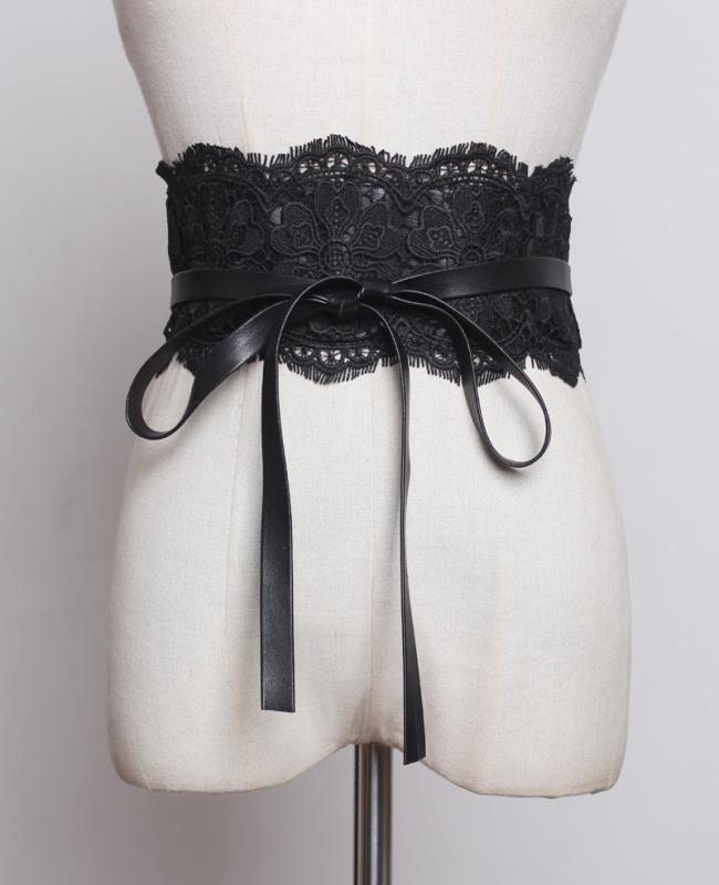 ウエストマーク ベルト レディース 春夏 レース リボン結び 幅広 装飾 ロングシャツ ワンピース ウエストシェイプ カジュアル ホワイト ブラック